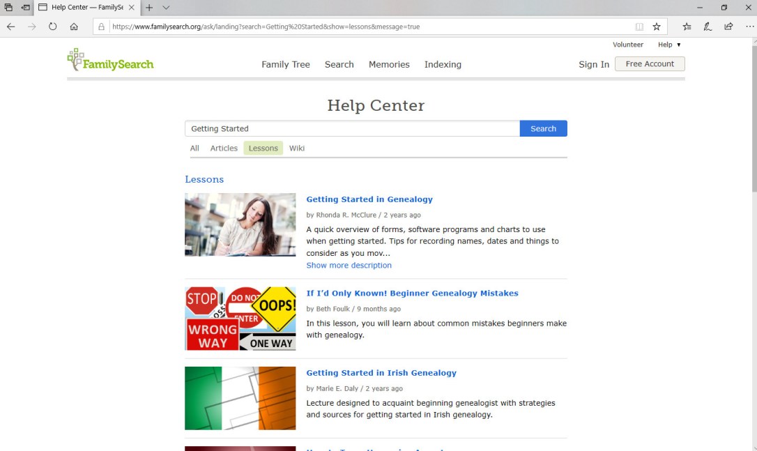 FamilySearch Help Center Screen Shot